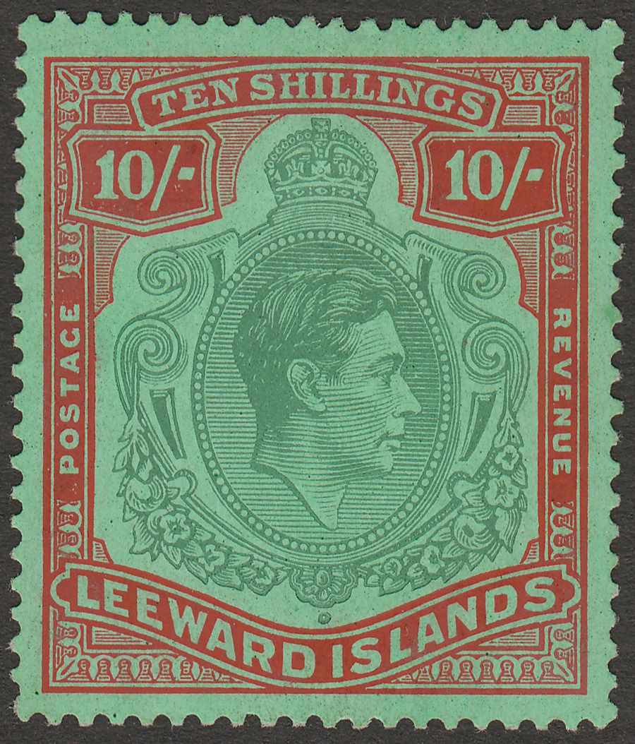 Leeward Islands 1938 KGVI 10sh Bluish Green and Deep Red Chalk Paper Mint SG113