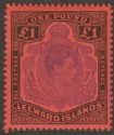 Click for more photos and details Leeward Islands 1951 KGVI £1 Violet and Black on Scarlet p13 Mint SG114c