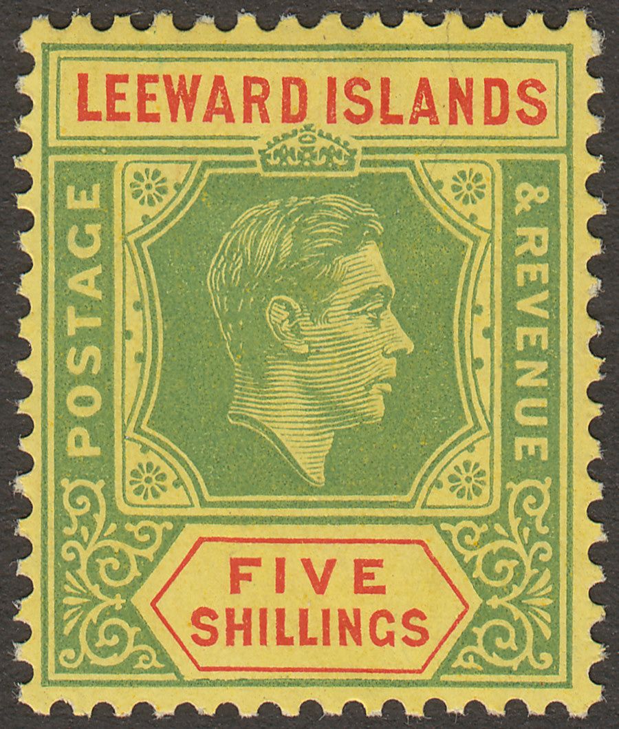 Leeward Islands 1938 KGVI 5sh Green and Red on Yellow Mint SG112