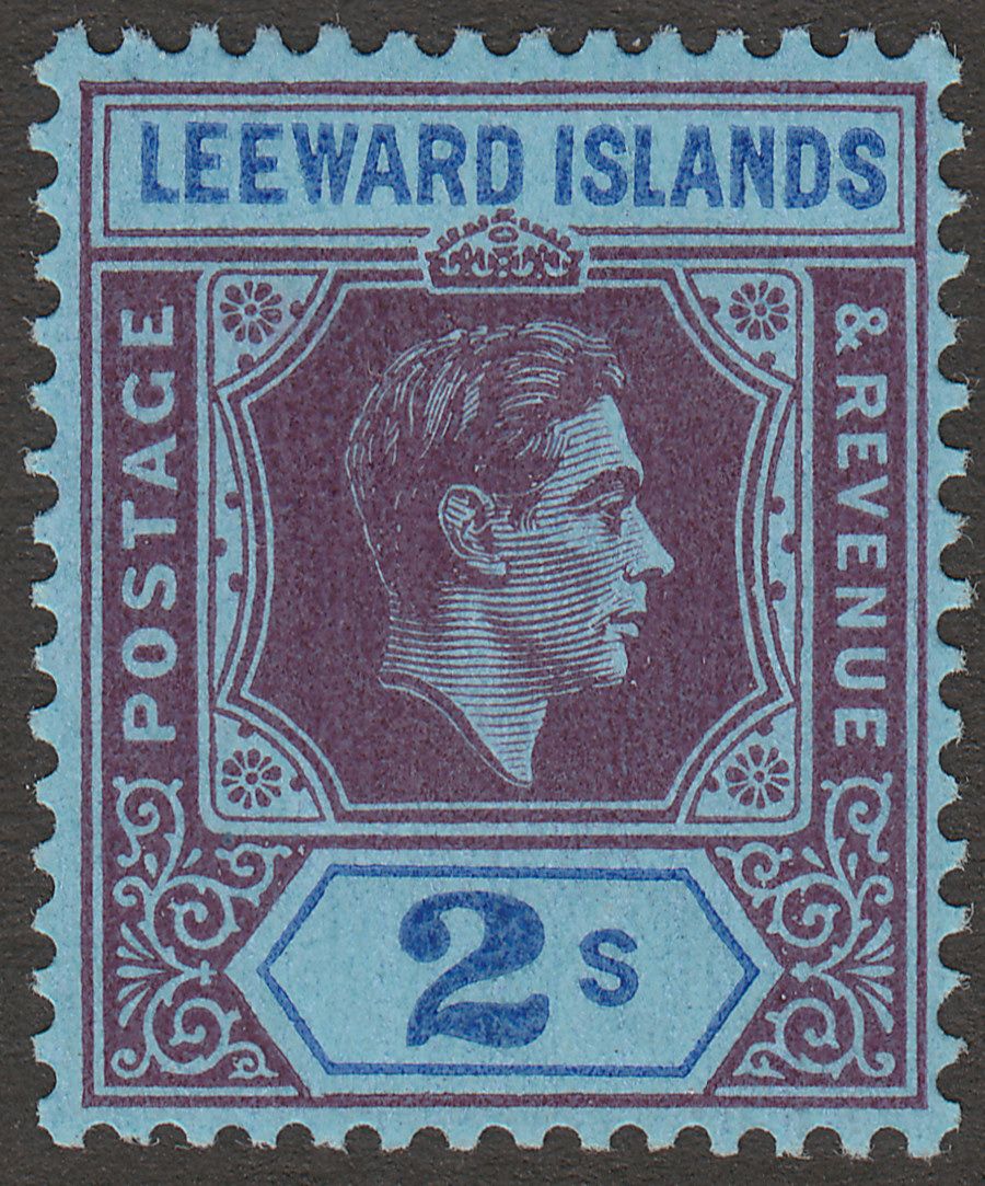 Leeward Islands 1947 KGVI 2sh Deep Purple and Blue on Blue Ordinary Mint SG111ab