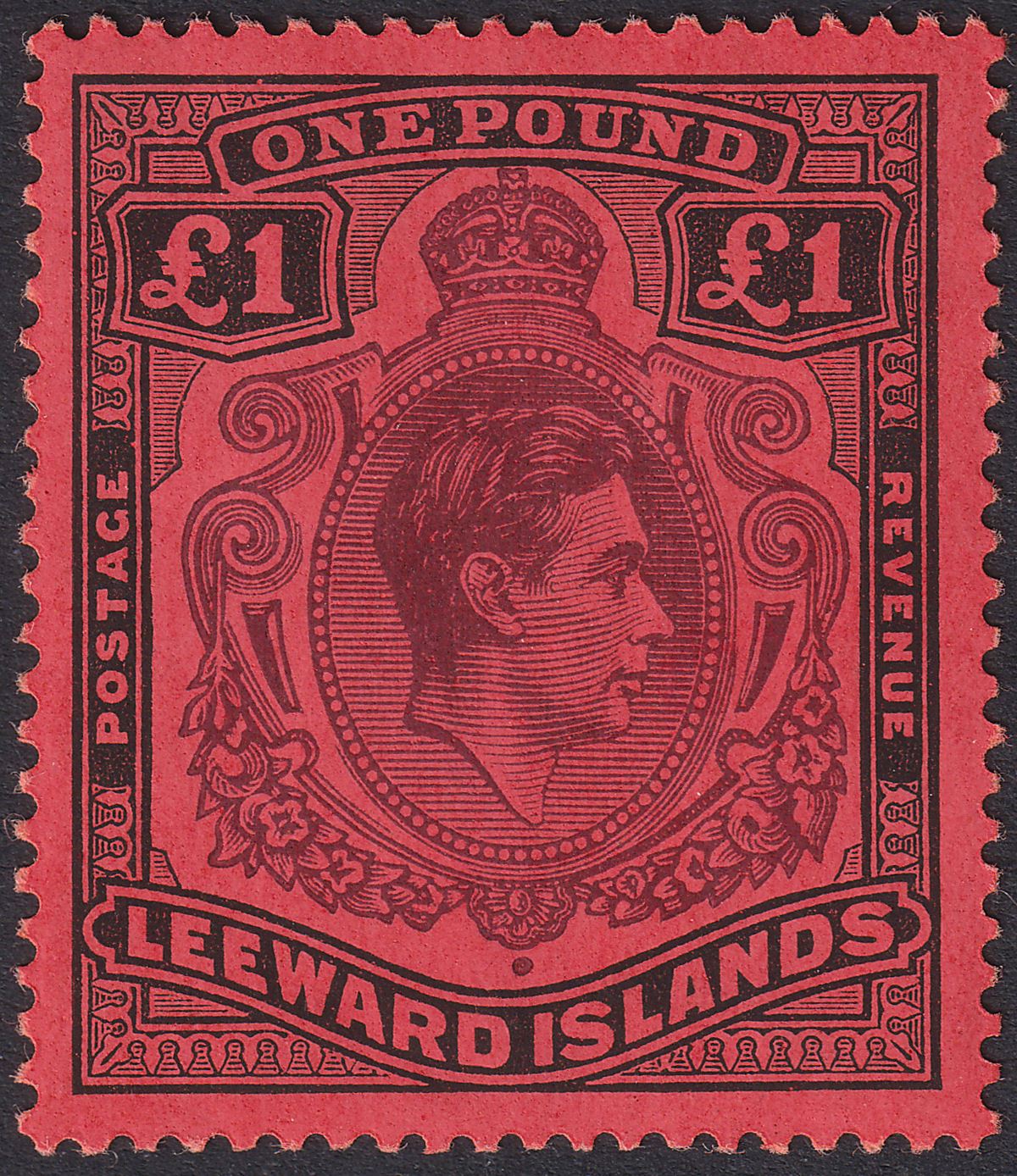 Leeward Islands 1937 KGVI £1 Deep Purple and Black on Crimson p14 Mint SG114