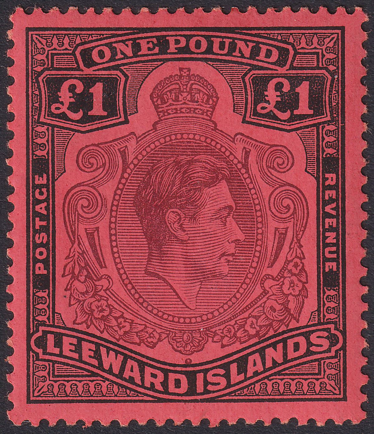 Leeward Islands 1938 KGVI £1 Purple and Black on Brick-Red p14 Mint SG114