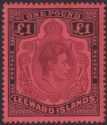 Click for more photos and details Leeward Islands 1938 KGVI £1 Purple and Black on Brick-Red p14 Mint SG114