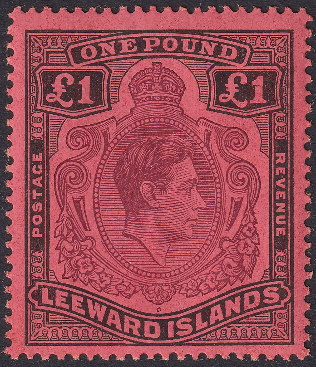 Leeward Islands 1942 KGVI £1 Purple and Black on Deep Carmine p14 Mint SG114a