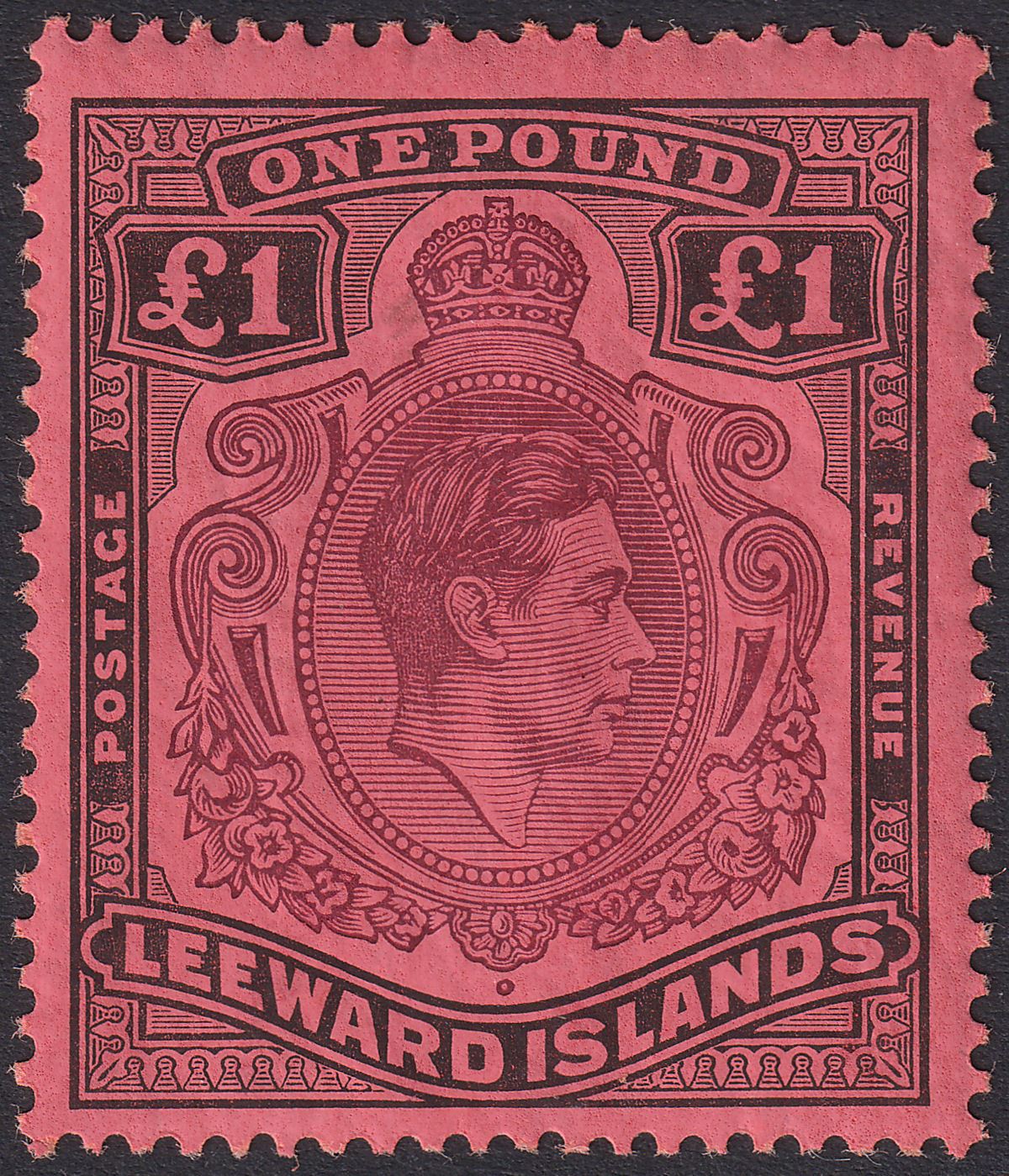 Leeward Islands 1942 KGVI £1 Purple and Black on Deep Carmine p14 Mint SG114a