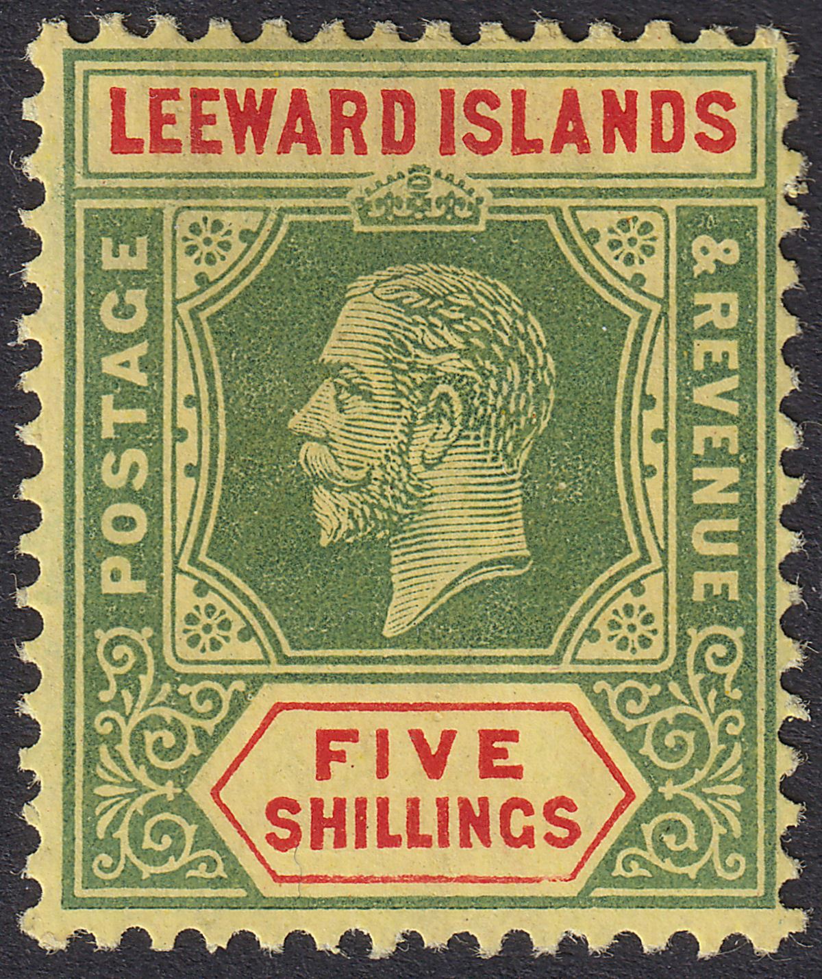 Leeward Islands 1915 KGV 5sh Green and Red on Lemon Mint SG57b