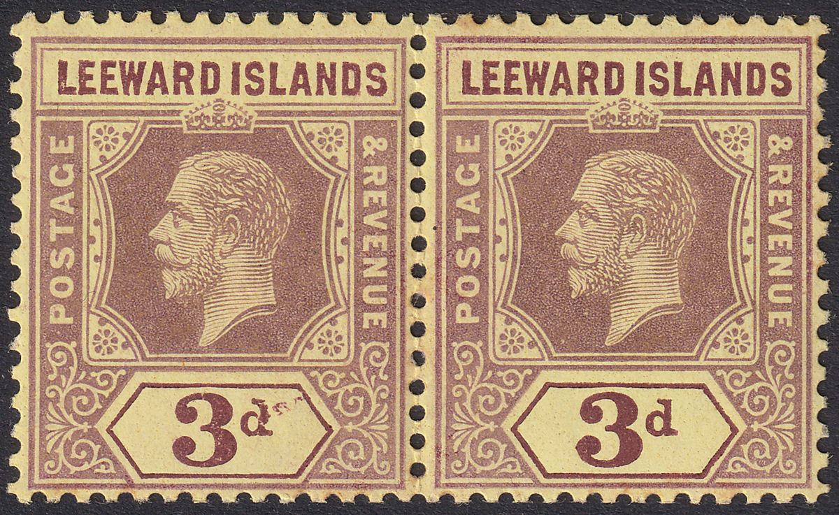 Leeward Islands 1920 KGV 3d on Orange-Buff Pair w Damaged d Variety Mint SG51d