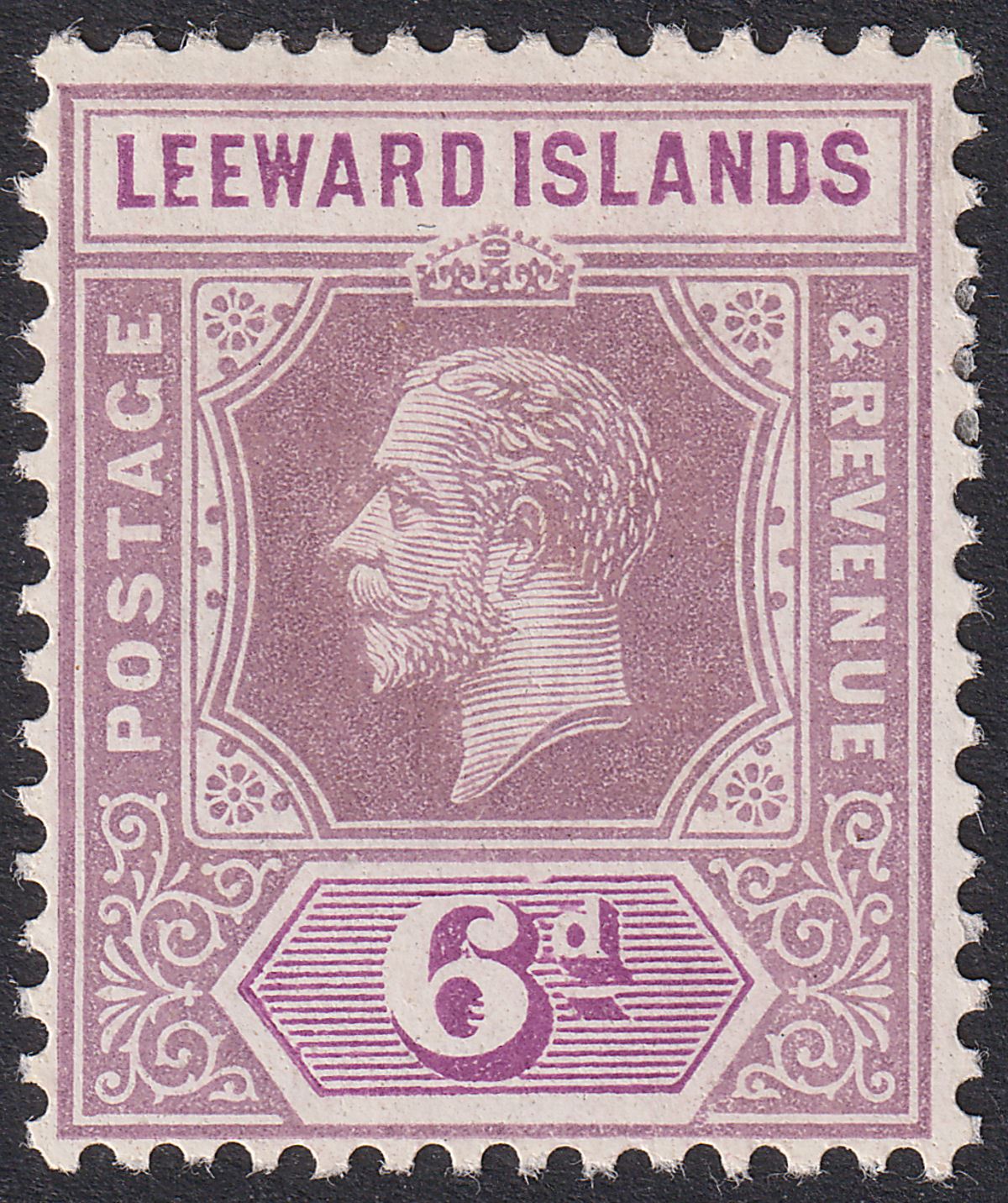 Leeward Islands 1913 KGV 6d Lilac and Mauve with Dented Tablet Mint SG53