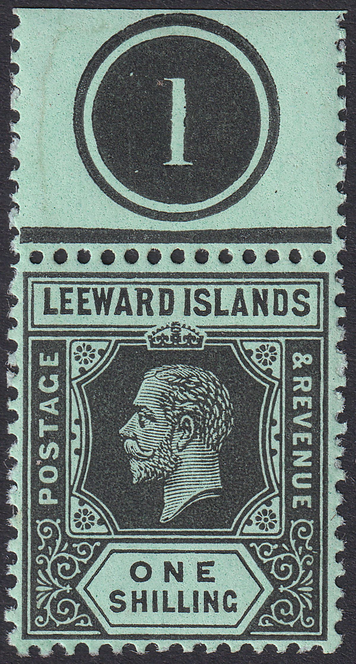 Leeward Islands 1913 KGV 1sh Black on Green Plate 1 Marginal Mint SG54