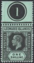 Click for more photos and details Leeward Islands 1913 KGV 1sh Black on Green Plate 1 Marginal Mint SG54