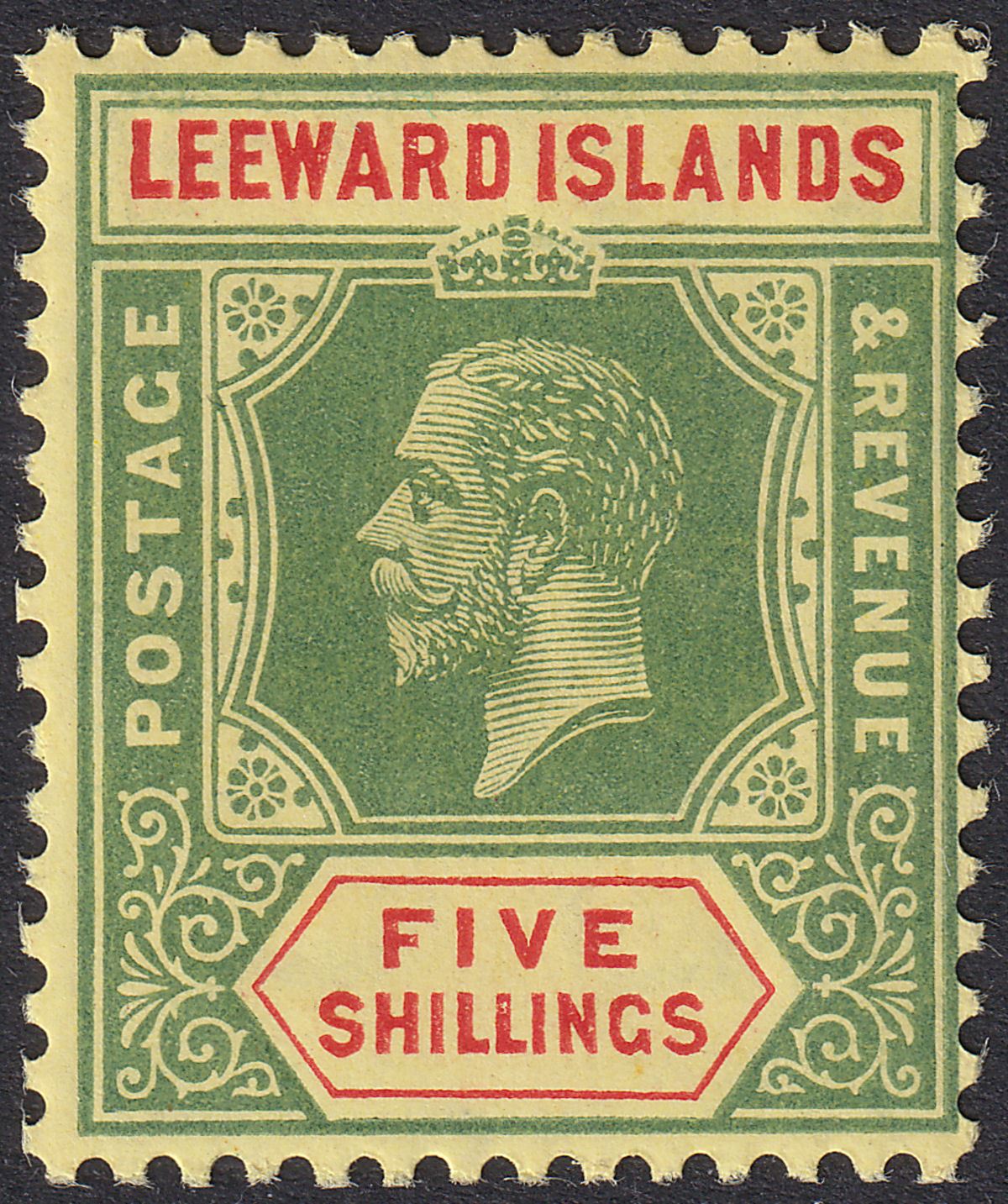 Leeward Islands 1915 KGV 5sh Green and Red on Lemon-Yellow Mint SG57b cat £55