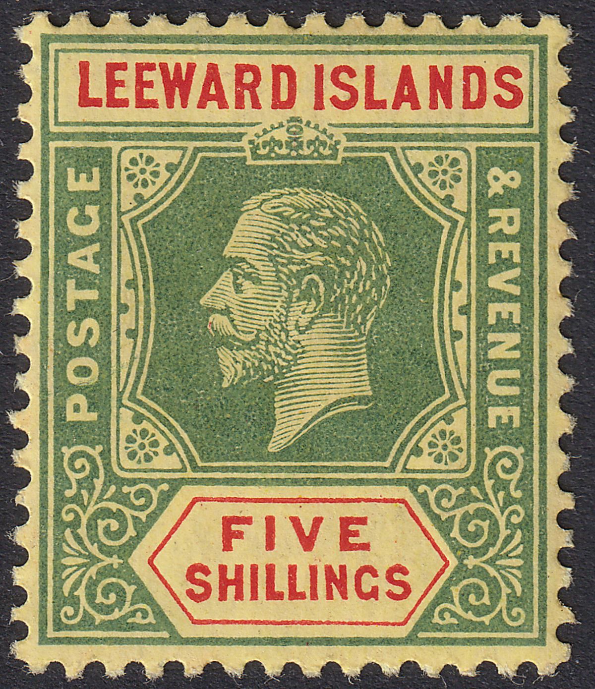 Leeward Islands 1915 KGV 5sh Green and Red on Lemon Mint SG57b cat £55