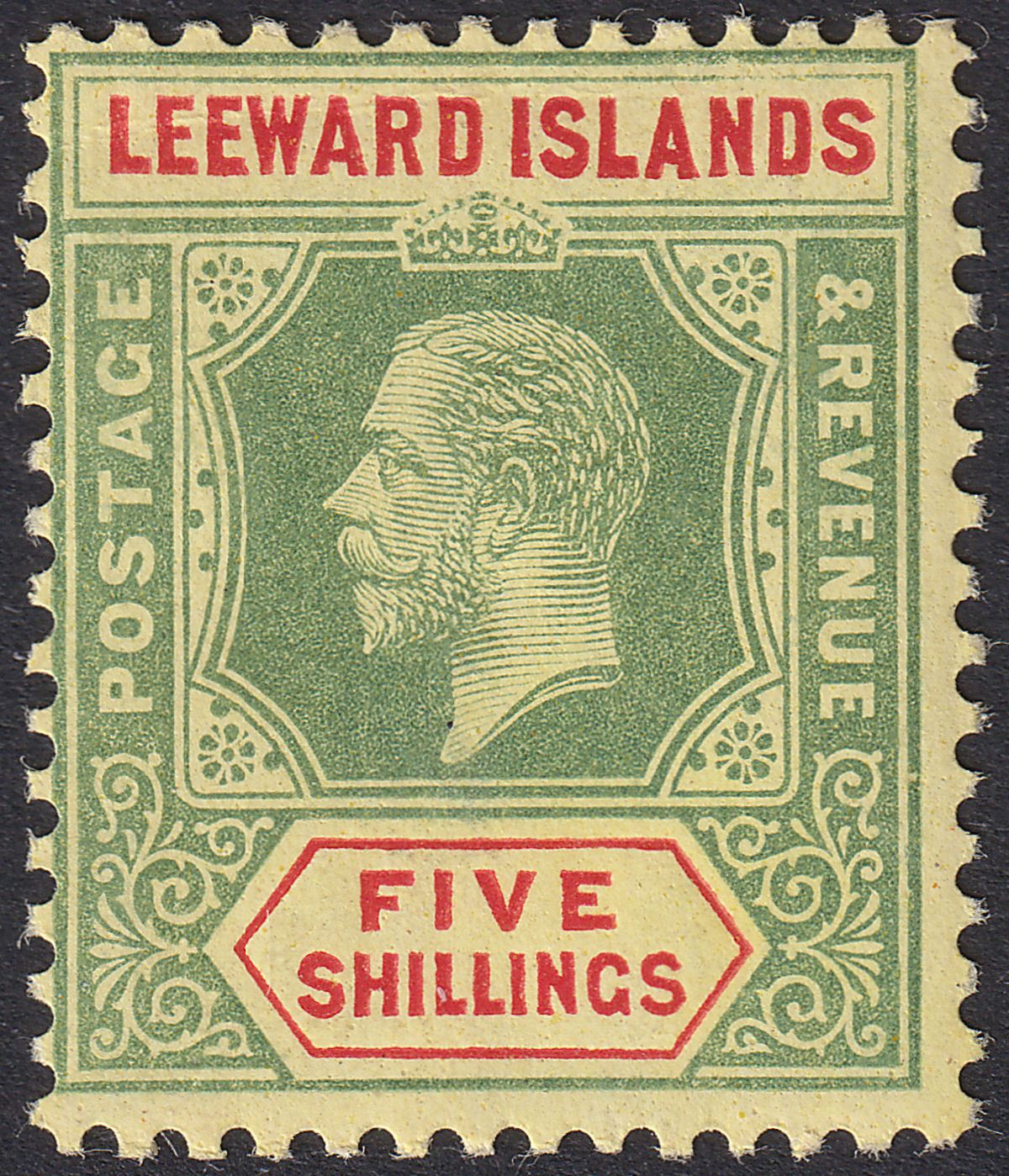 Leeward Islands 1920 KGV 5sh Pale Green and Red on Buff Mint SG57c cat £130