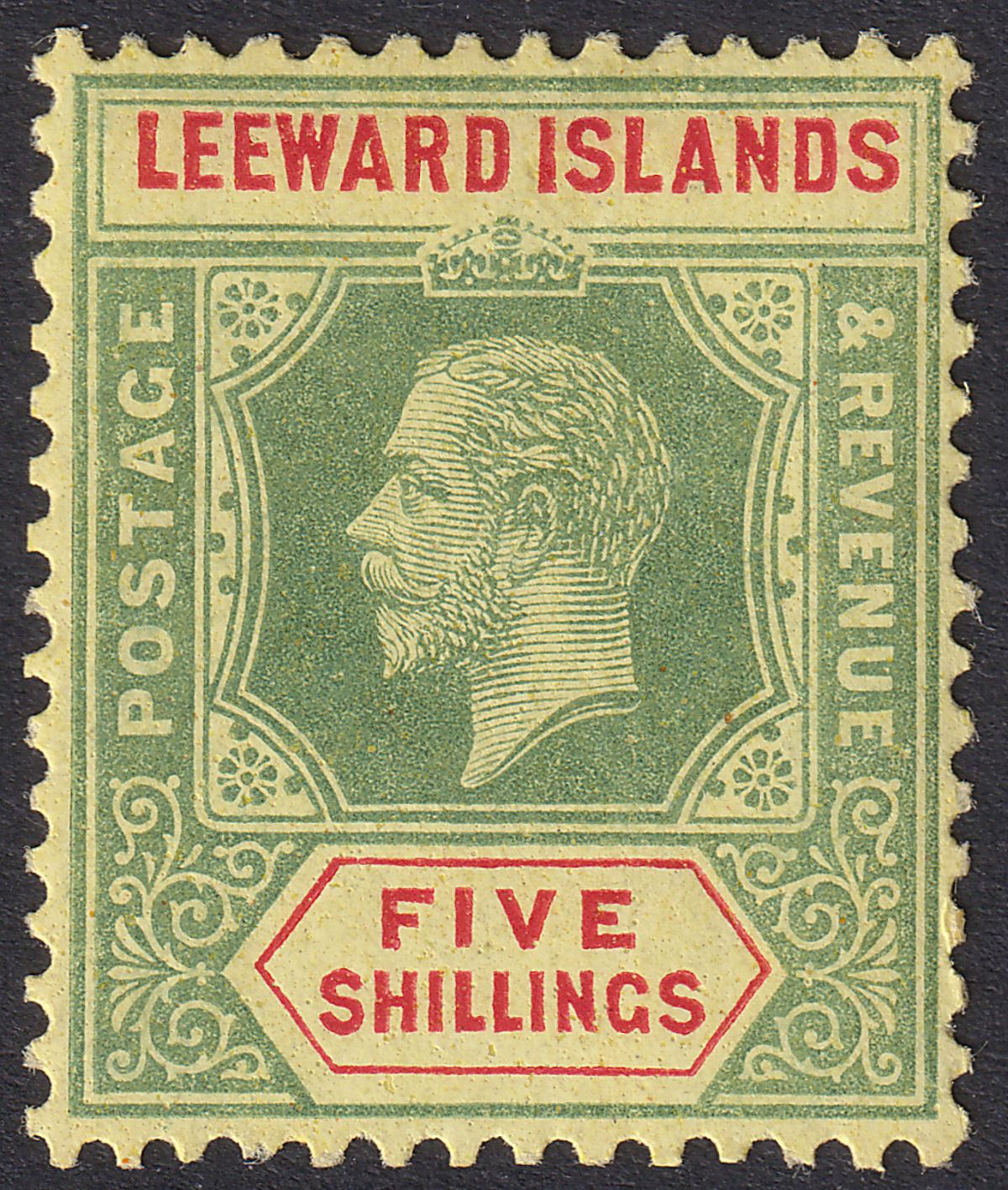 Leeward Islands 1920 KGV 5sh Pale Green & Red on Orange-Buff Mint SG57c cat £130