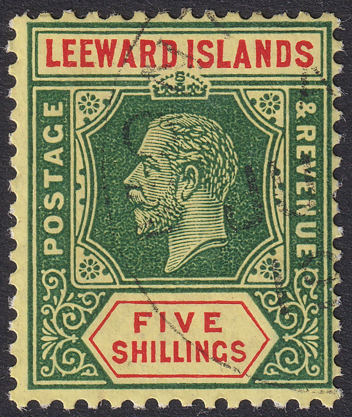 Leeward Islands 1913 KGV 5sh Green & Red on Yellow w White Back Used* SG57a