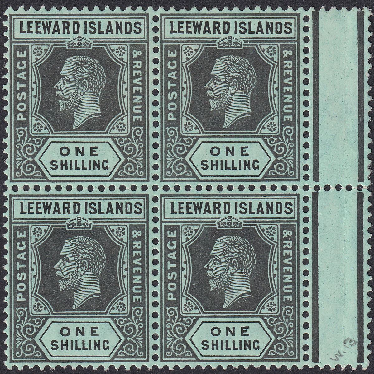 Leeward Islands 1913 KGV 1sh Black on Green White Back Block 4 Mint SG54a c£360