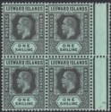 Click for more photos and details Leeward Islands 1913 KGV 1sh Black on Green White Back Block 4 Mint SG54a c£360