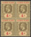Click for more photos and details Leeward Islands 1922 KGV 4d Black + Red on Pale Yellow Block of 4 Mint SG52