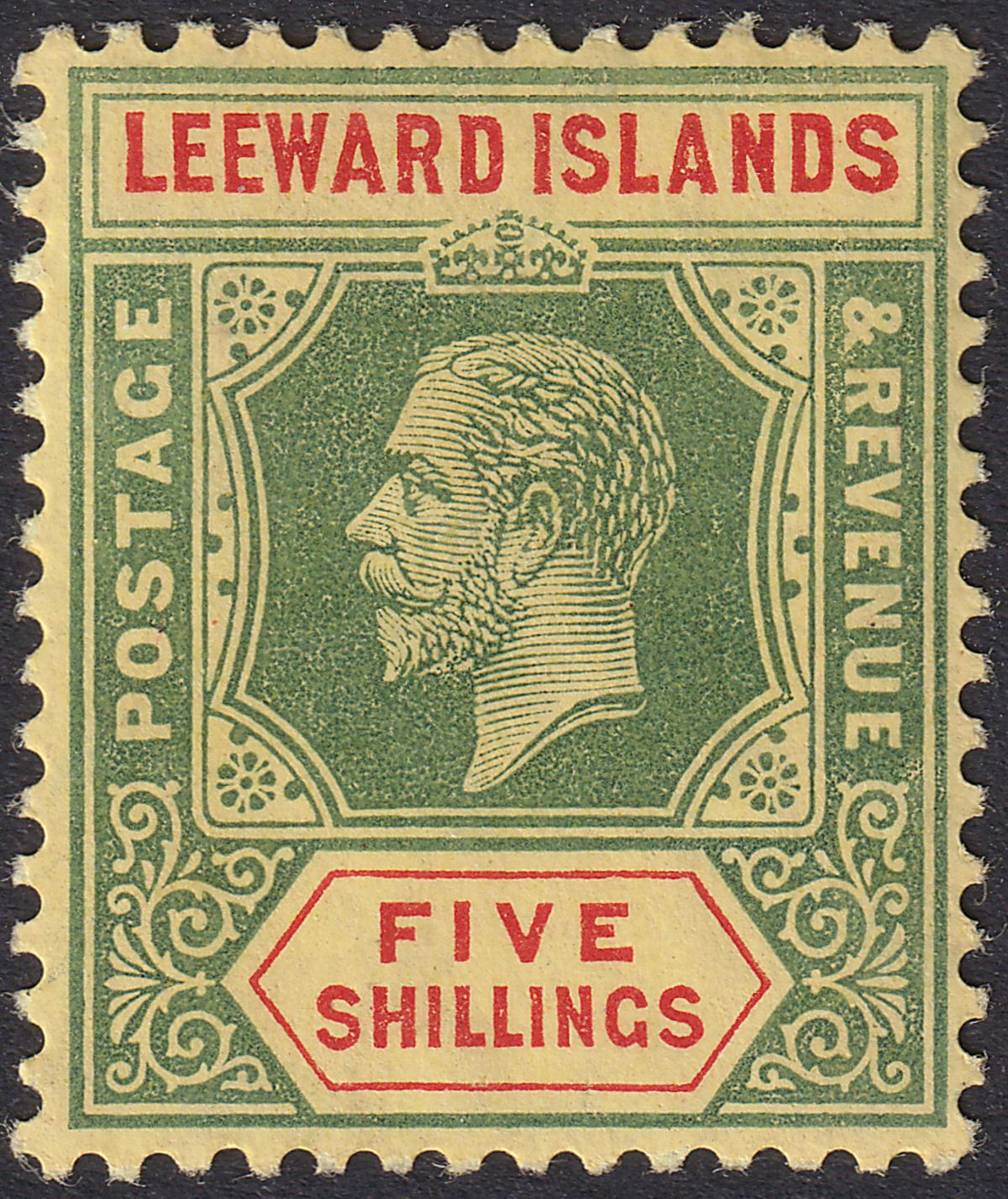 Leeward Islands 1915 KGV 5sh Green and Red on Lemon Mint SG57b