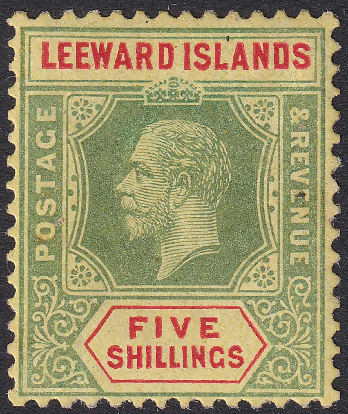 Leeward Islands 1920 KGV 5sh Pale Green and Red on Orange-Buff Mint SG57c