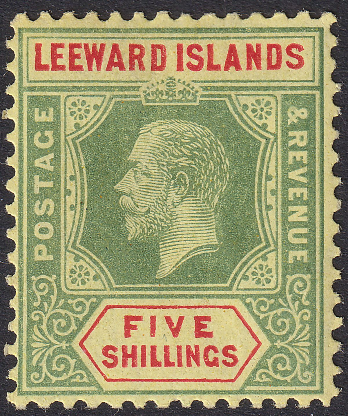 Leeward Islands 1920 KGV 5sh Pale Green and Red on Buff Mint SG57c