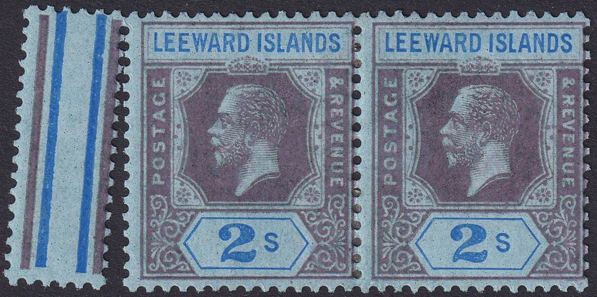 Leeward Islands 1922 KGV 2sh Purple and Blue on Blue Pair Mint SG74 cat £50