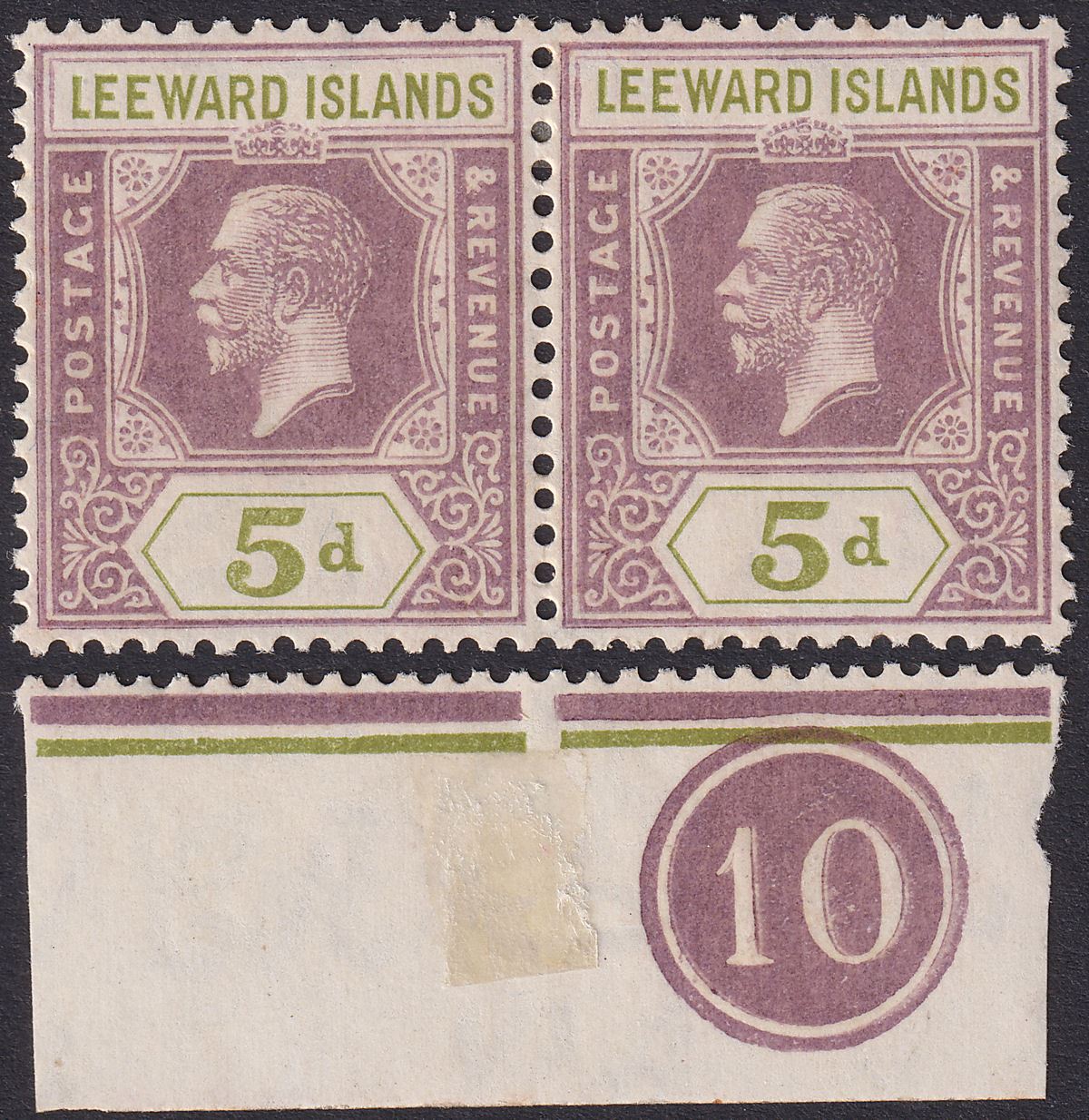 Leeward Islands 1922 KGV 5d Brown-Purple + Olive Pair Mint SG71 Plate 10 Detach