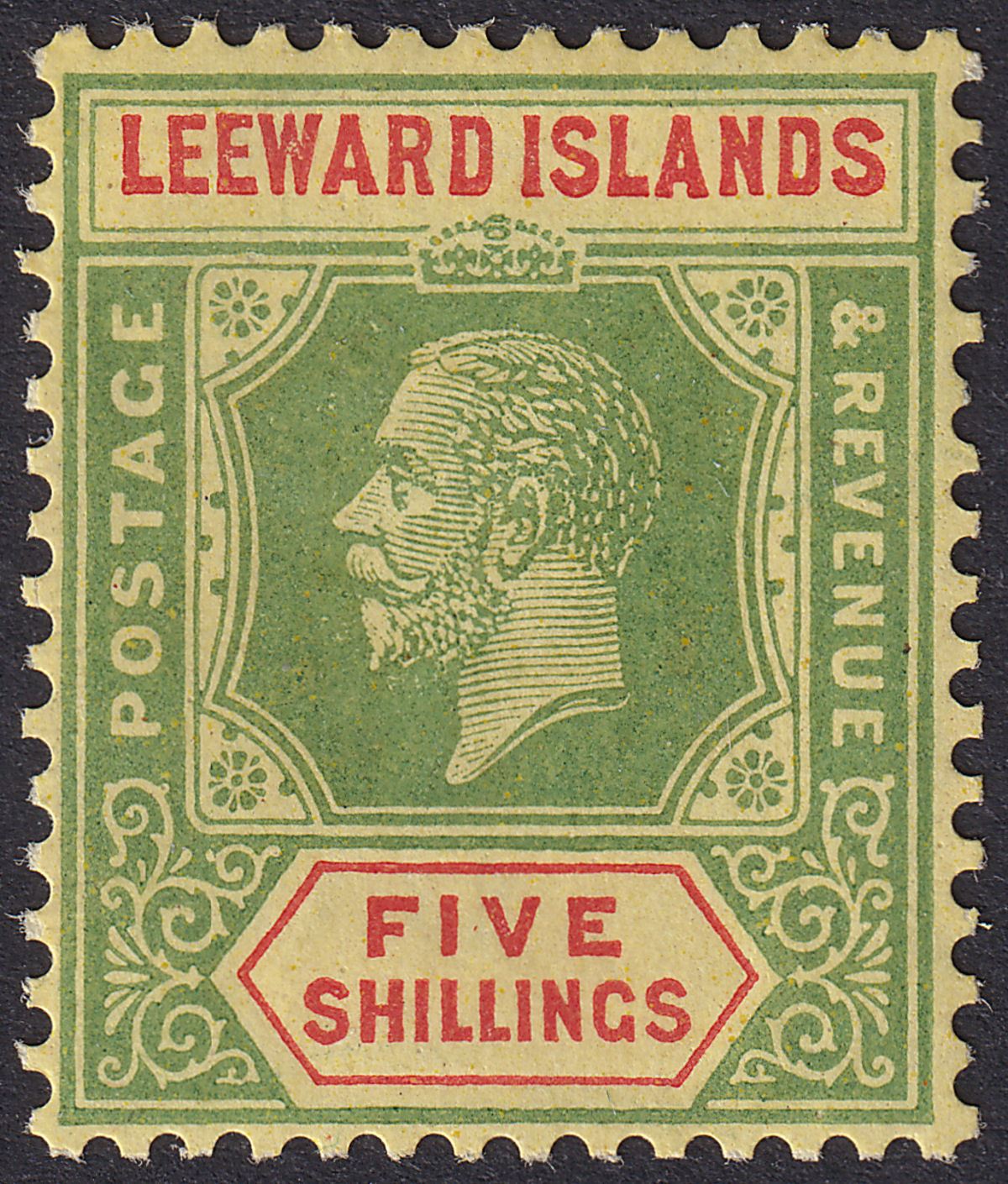 Leeward Islands 1923 KGV 5sh Green and Red on Pale Yellow Mint SG78 cat £50