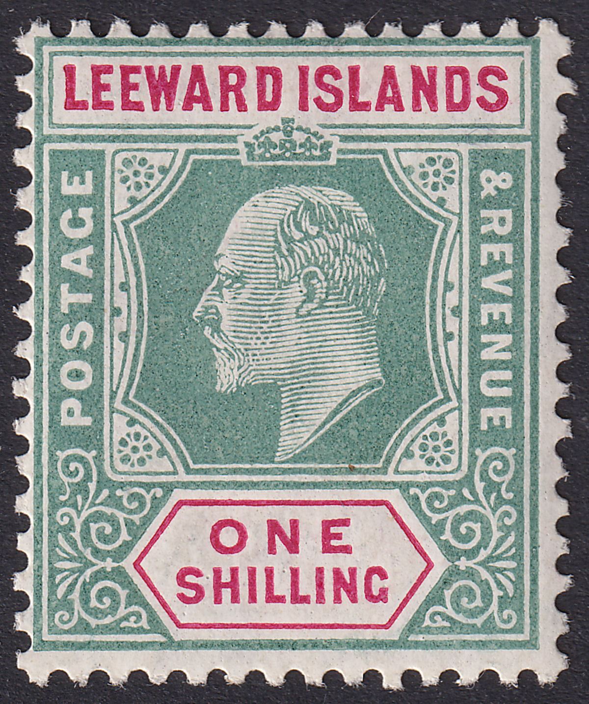 Leeward Islands 1908 KEVII 1sh Green + Carmine Mint SG35 cat £55 frame break