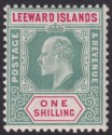Click for more photos and details Leeward Islands 1908 KEVII 1sh Green + Carmine Mint SG35 cat £55 frame break