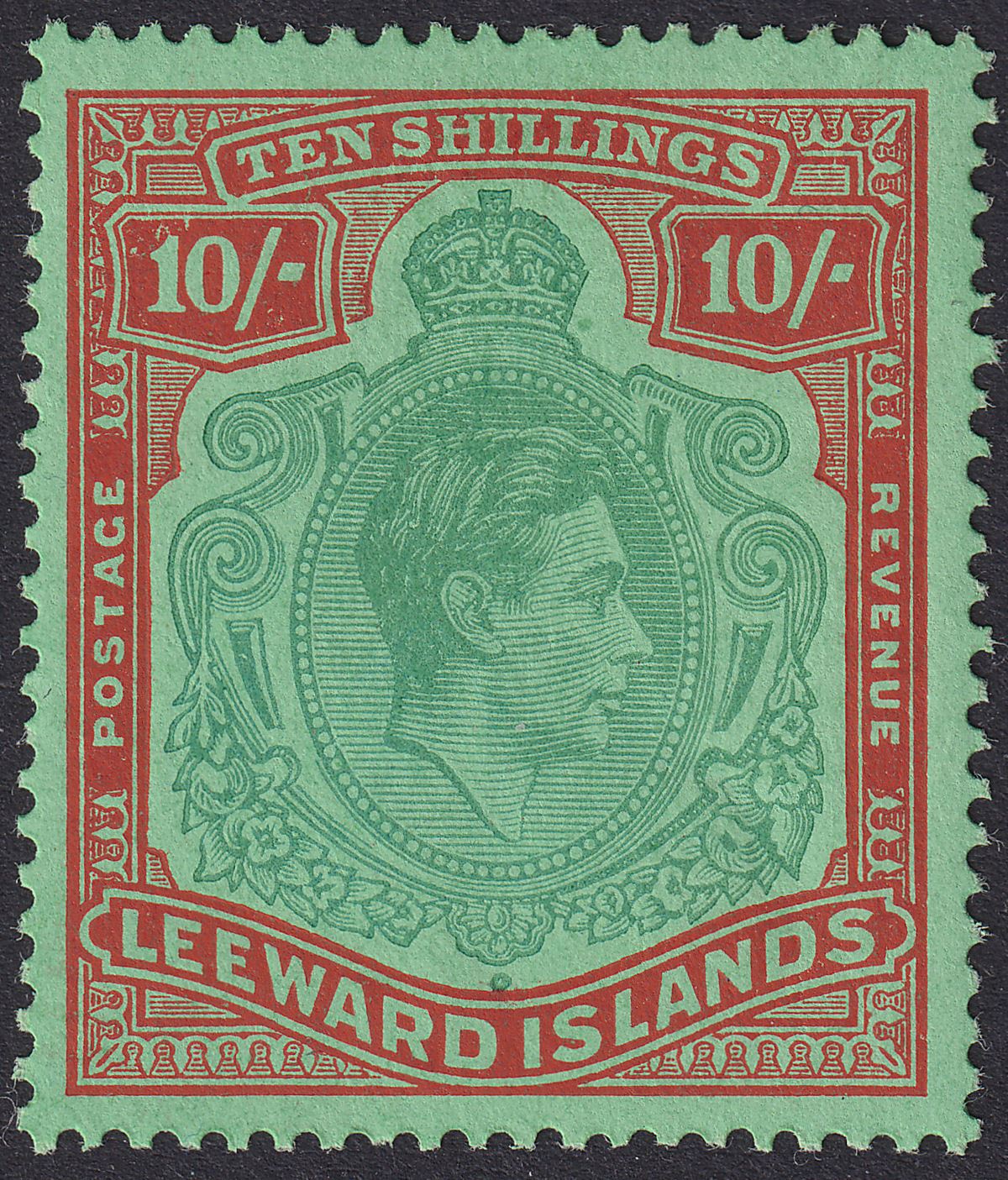 Leeward Islands 1944 KGVI 10sh Deep Green + Deep Vermilion Mint SG113c cat £100
