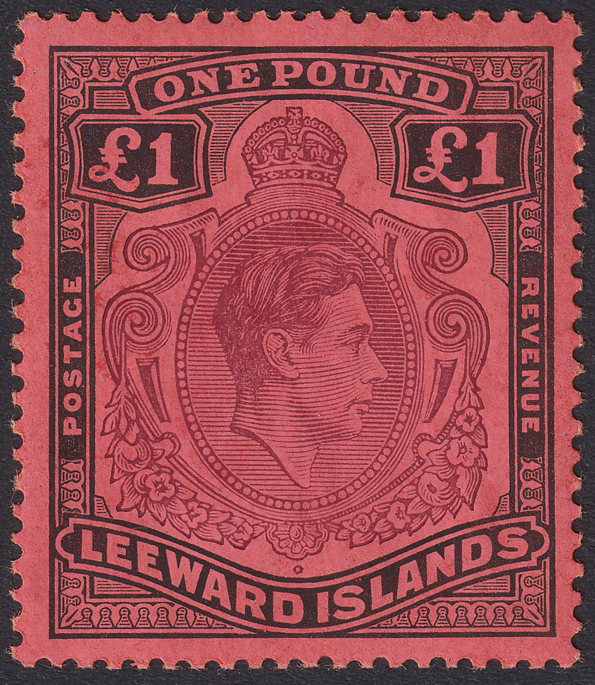Leeward Islands 1942 KGVI £1 Purple + Black on Deep Carmine p14 Mint SG114a c£90