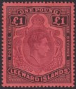 Click for more photos and details Leeward Islands 1942 KGVI £1 Purple + Black on Deep Carmine p14 Mint SG114a c£90