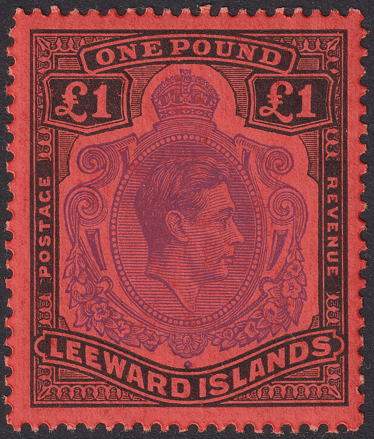 Leeward Islands 1951 KGVI £1 Violet and Black on Scarlet p13 Mint SG114c cat £30