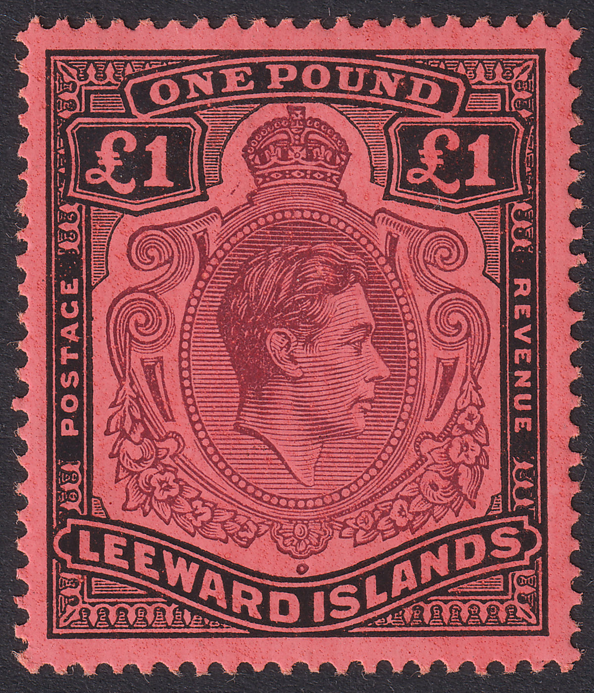 Leeward Islands 1944 KGVI £1 Brown-Purple + Black on Salmon p14 Mint SG114b c£45