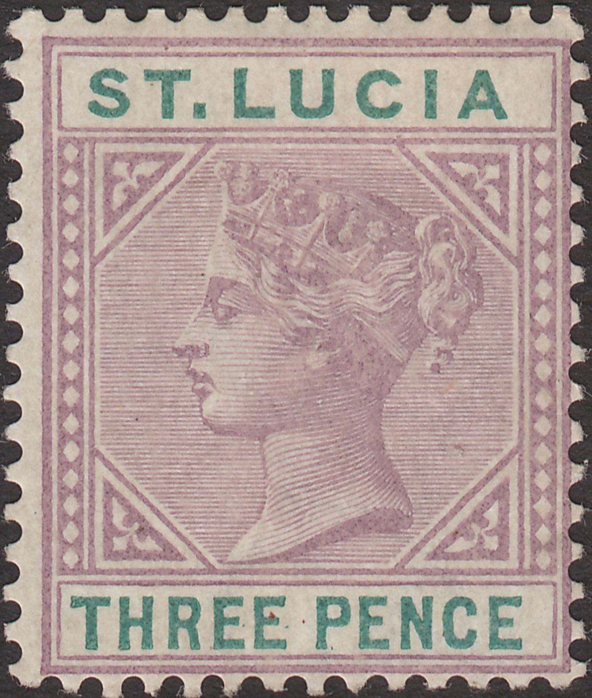 St Lucia 1886 QV 3d Dull Mauve and Green Die I Mint SG40 cat £130