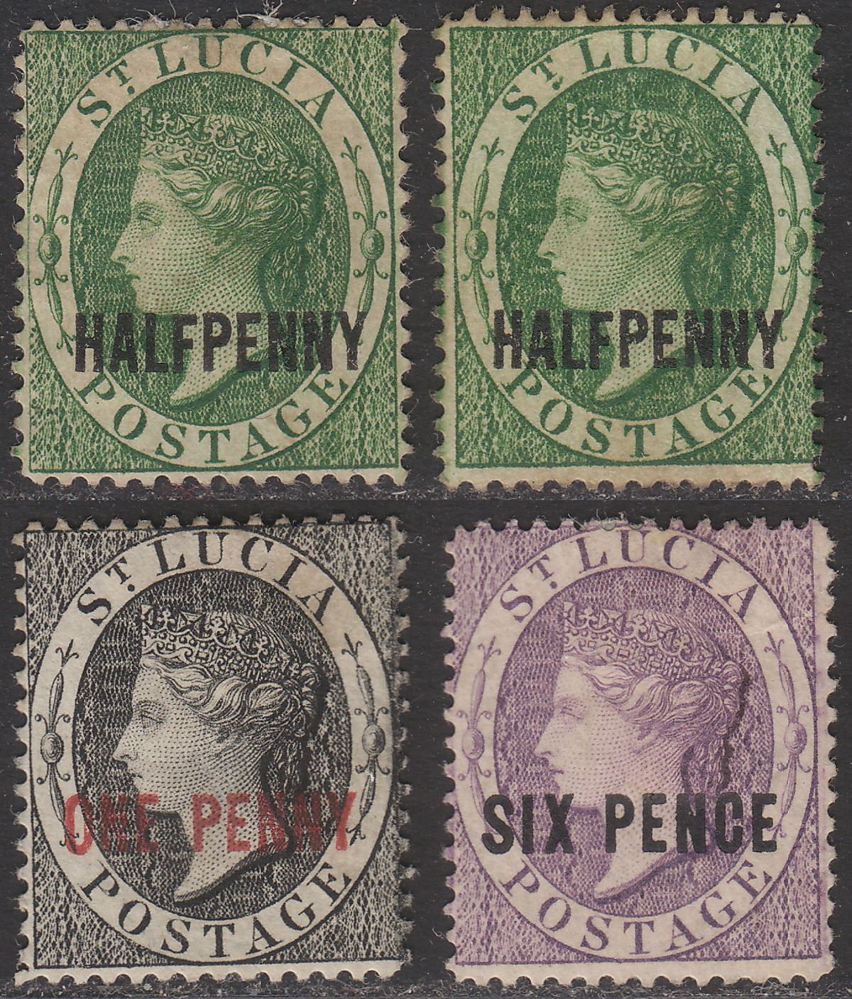 St Lucia 1882 QV Surcharge ½d Green x2, 1d Black, 6d Violet Mint SG25-26 SG28