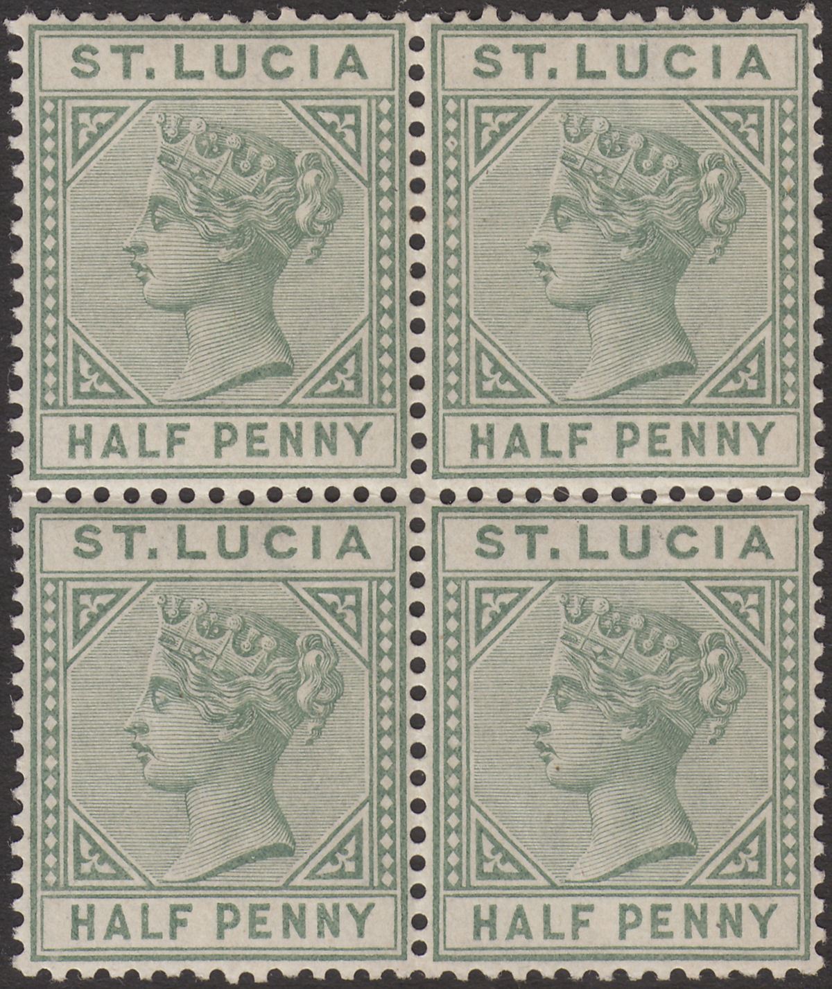 St Lucia 1891 Queen Victoria ½d Dull Green Block of 4 Mint SG43 cat £24