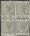 Click for more photos and details St Lucia 1891 Queen Victoria ½d Dull Green Block of 4 Mint SG43 cat £24