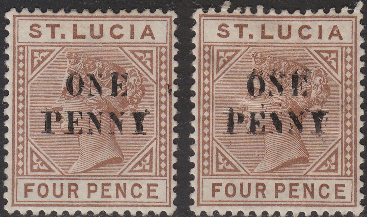 St Lucia 1891 QV 1d on 4d Type I + 1d on 4d Type II Mint SG55 SG55c cat £39