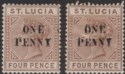 Click for more photos and details St Lucia 1891 QV 1d on 4d Type I + 1d on 4d Type II Mint SG55 SG55c cat £39