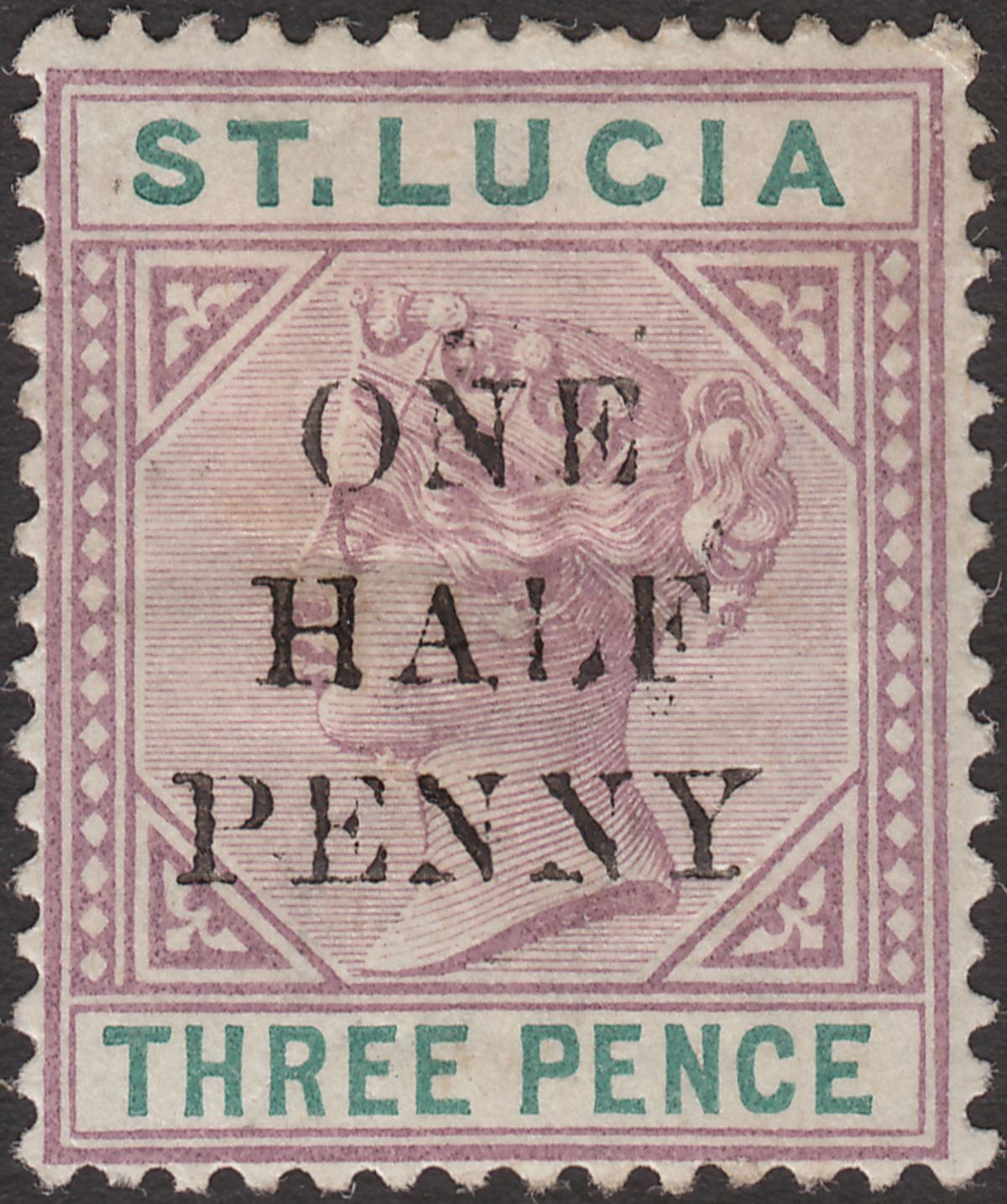 St Lucia 1891 QV ½d Surcharge on 3d Dull Mauve + Green Die II Mint SG56 cat £85
