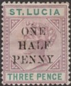 Click for more photos and details St Lucia 1891 QV ½d Surcharge on 3d Dull Mauve + Green Die II Mint SG56 cat £85