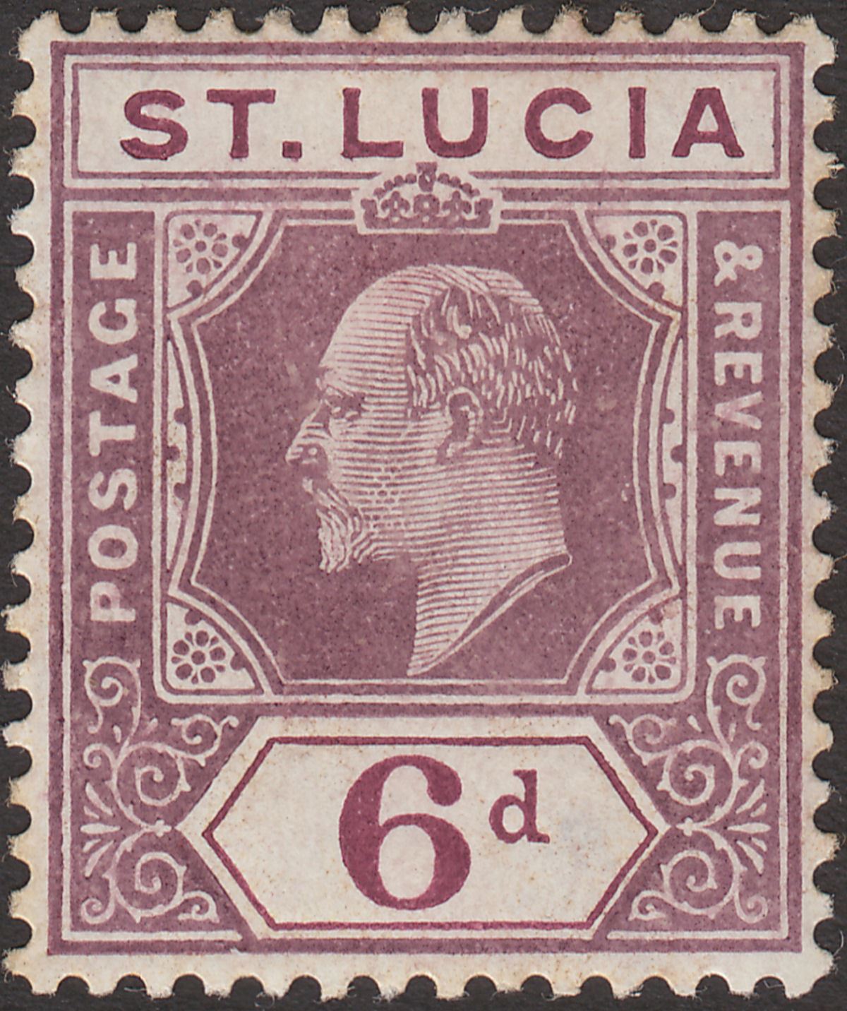 St Lucia 1910 King Edward VII 6d Dull Purple Mint SG73 cat £75 toned perfs