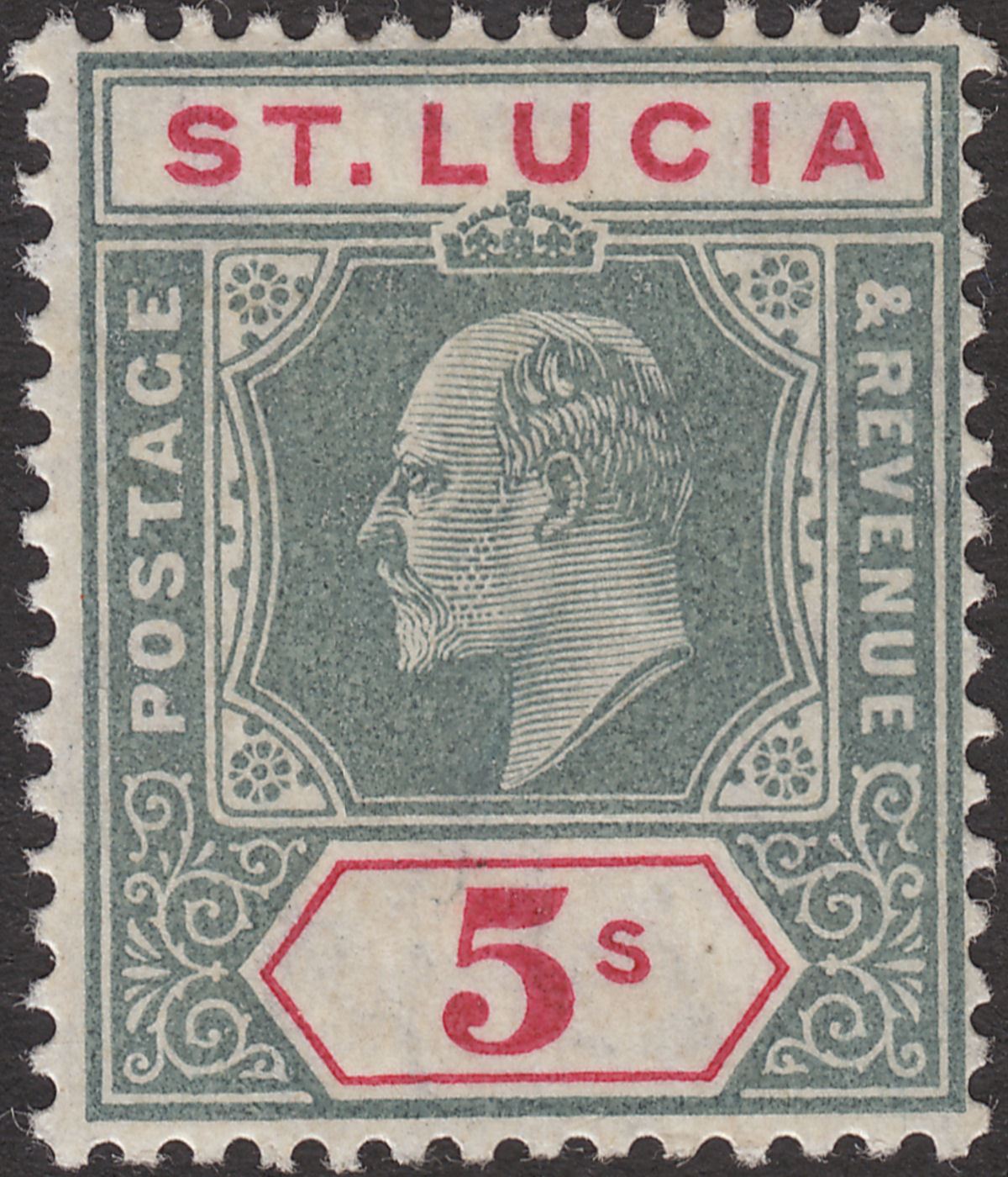 St Lucia 1905 KEVII 5sh Green and Carmine Mint SG76 cat £90