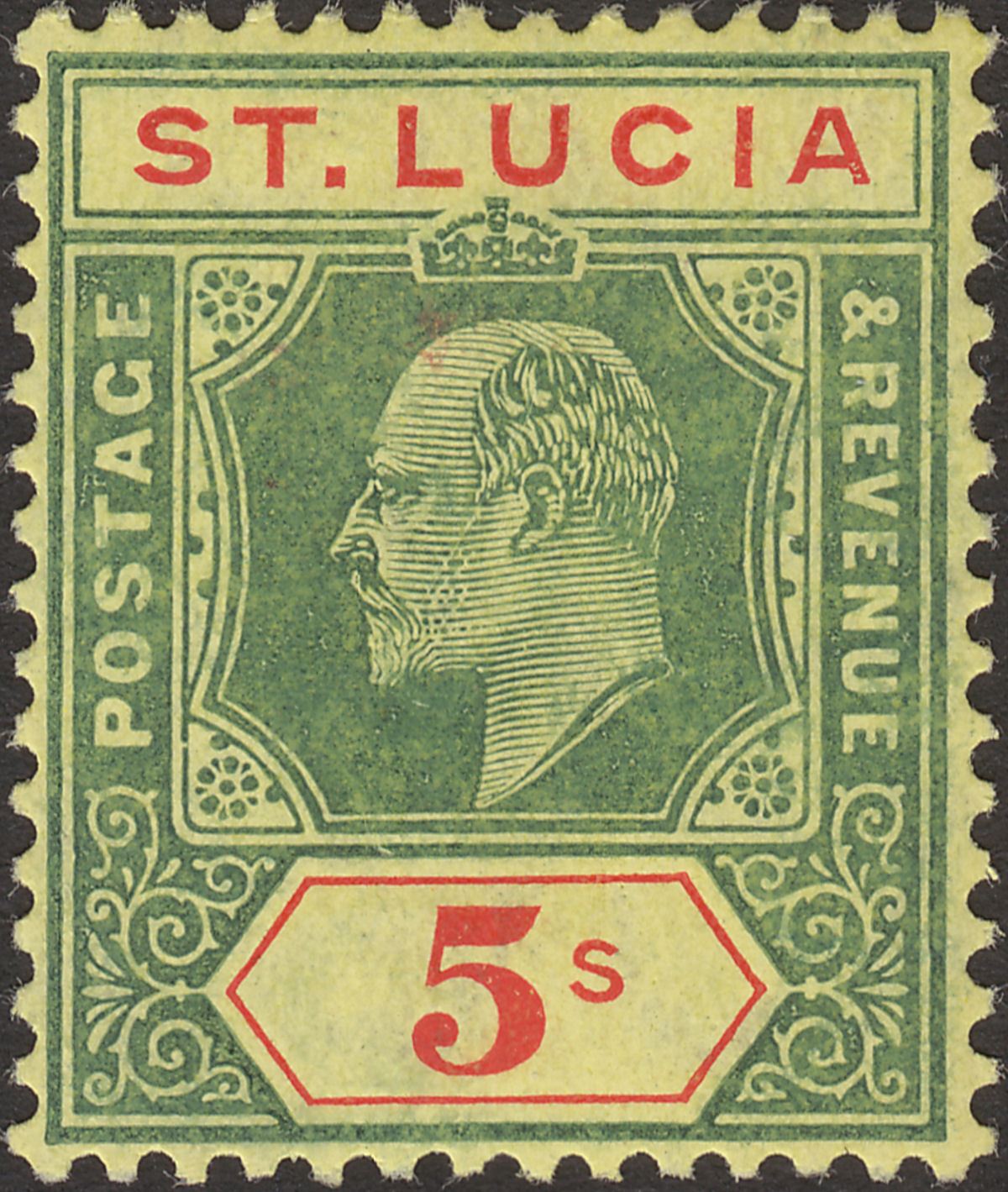 St Lucia 1907 KEVII 5sh Green and Red on Yellow Mint SG77 cat £60