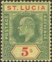 Click for more photos and details St Lucia 1907 KEVII 5sh Green and Red on Yellow Mint SG77 cat £60