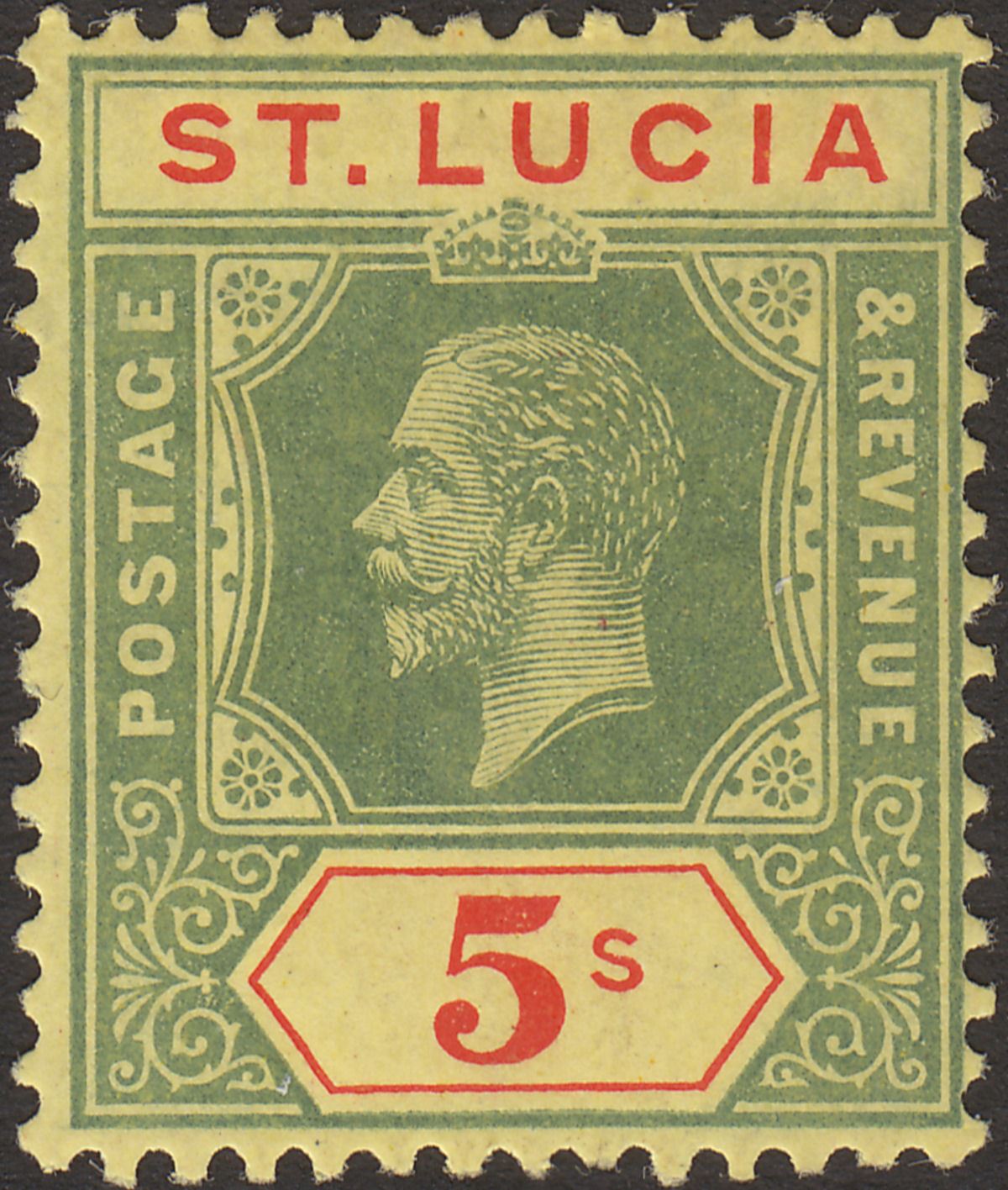 St Lucia 1912 King George V 5sh Green and Red on Yellow Mint SG88 cat £40