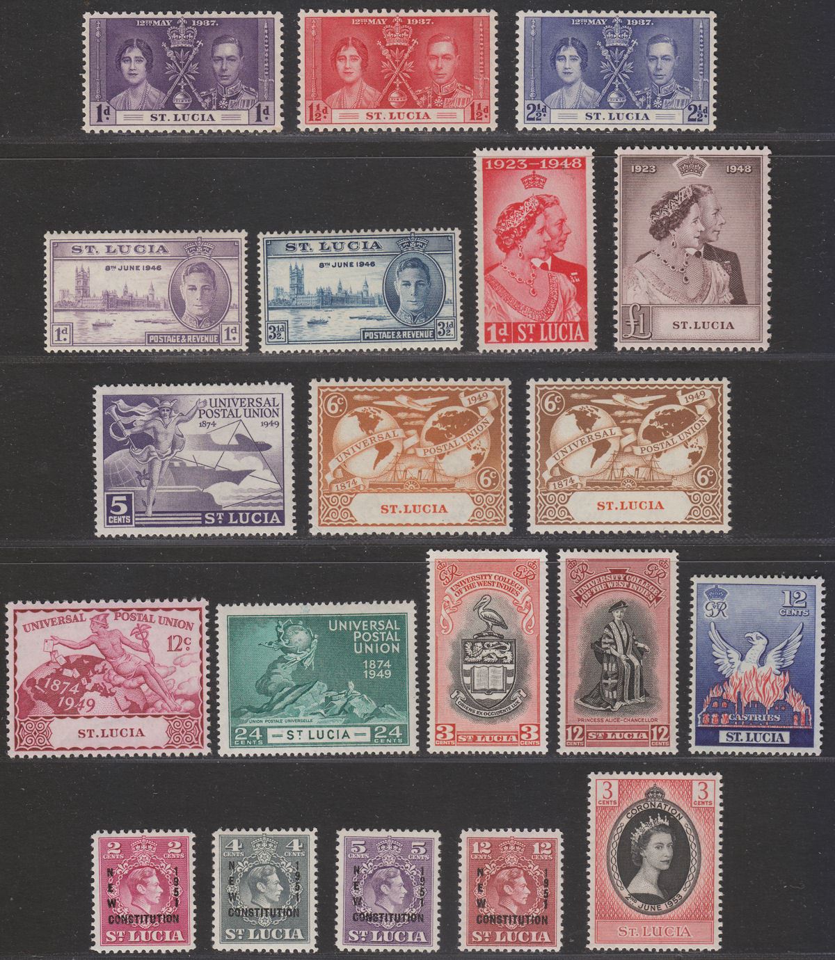 St Lucia 1937-53 KGVI Selection Mint inc Royal Silver Wedding 1d, £1