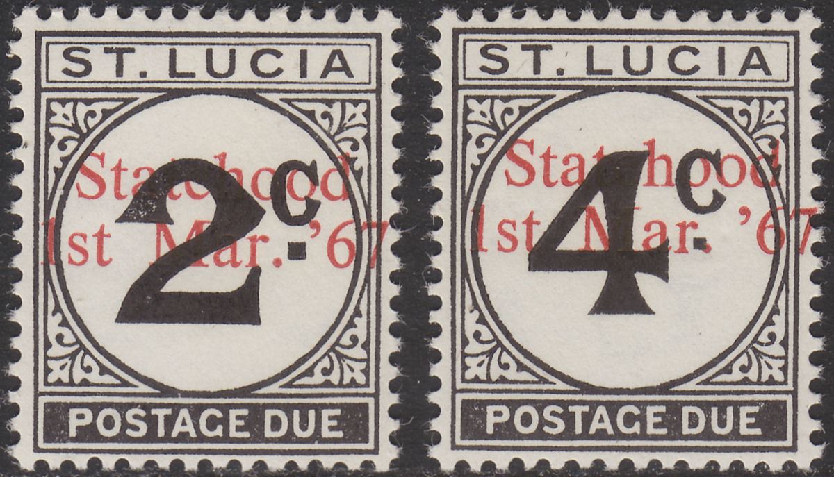 St Lucia 1967 QEII Postage Due Statehood Overprint 2c + 4c UM Mint SG footnote